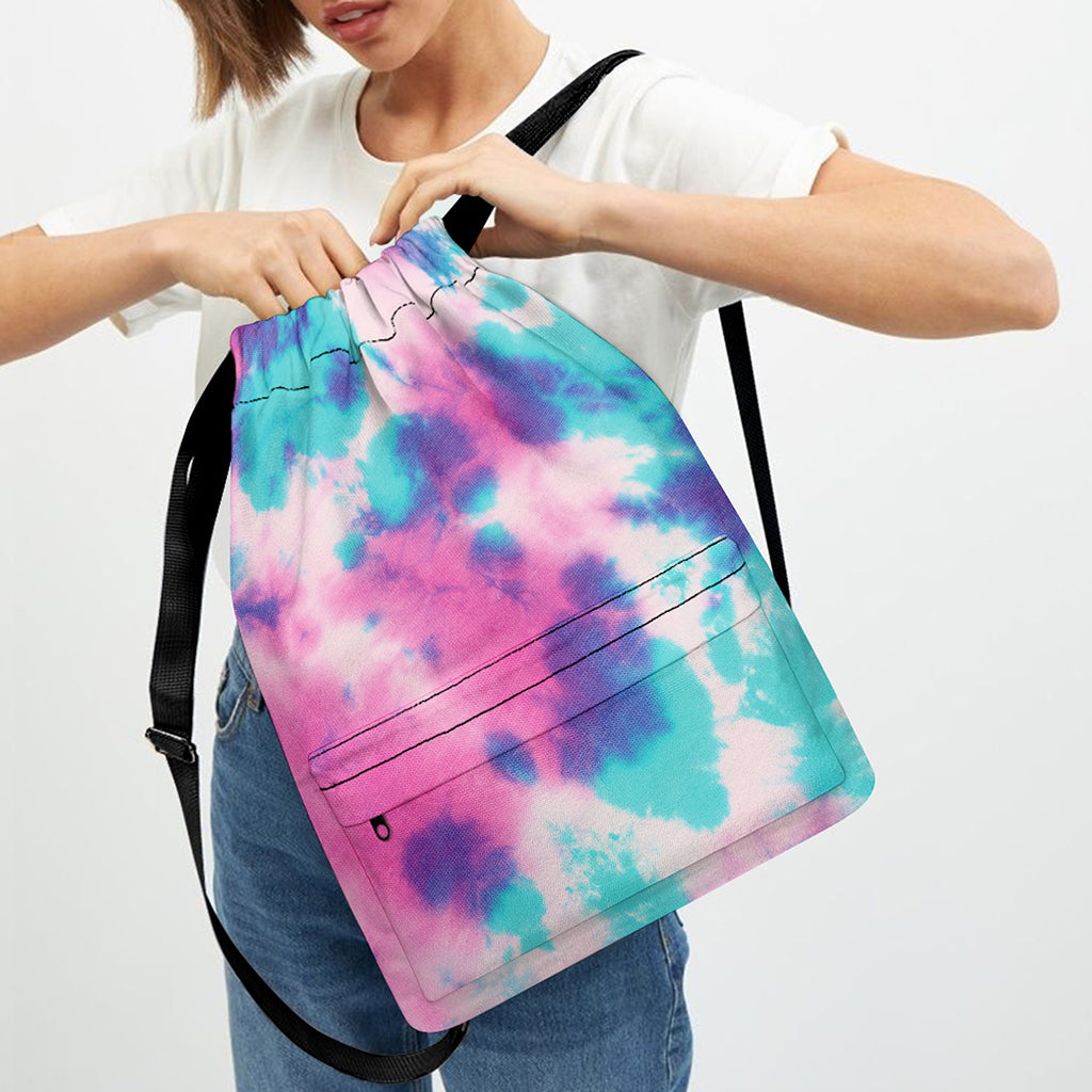 Pink And Teal Tie Dye Print Drawstring Backpack
