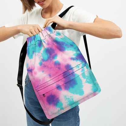 Pink And Teal Tie Dye Print Drawstring Backpack