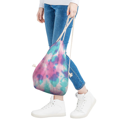 Pink And Teal Tie Dye Print Drawstring Bag