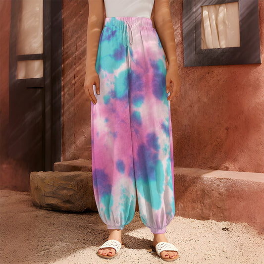Pink And Teal Tie Dye Print Harem Pants