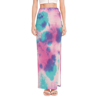 Pink And Teal Tie Dye Print High Slit Maxi Skirt