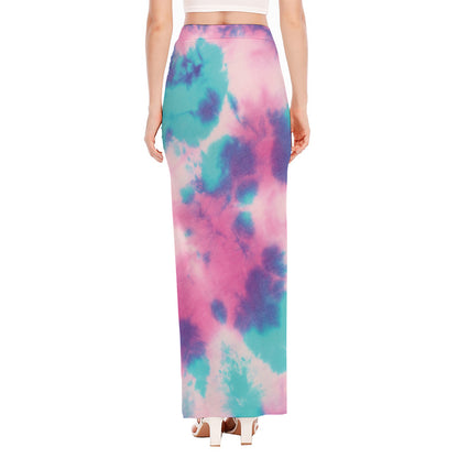 Pink And Teal Tie Dye Print High Slit Maxi Skirt