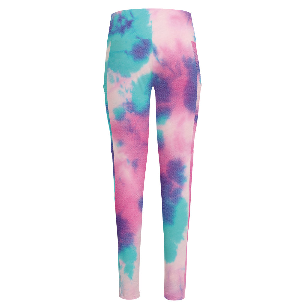 Pink And Teal Tie Dye Print High-Waisted Pocket Leggings