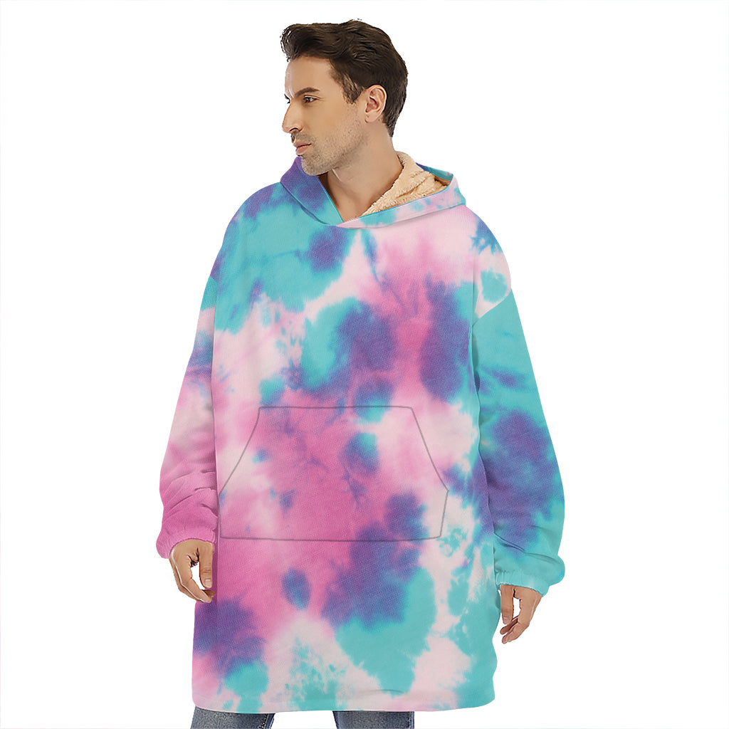 Pink And Teal Tie Dye Print Hoodie Blanket