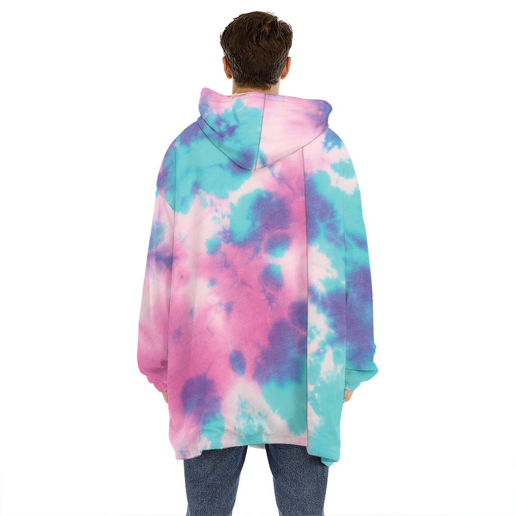 Pink And Teal Tie Dye Print Hoodie Blanket