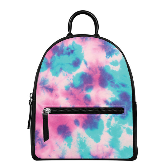 Pink And Teal Tie Dye Print Leather Backpack
