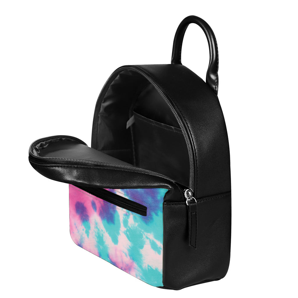 Pink And Teal Tie Dye Print Leather Backpack