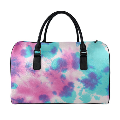 Pink And Teal Tie Dye Print Leather Duffle Bag