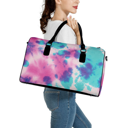 Pink And Teal Tie Dye Print Leather Duffle Bag