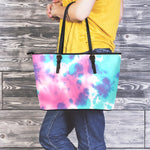 Pink And Teal Tie Dye Print Leather Tote Bag