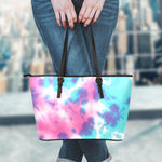 Pink And Teal Tie Dye Print Leather Tote Bag