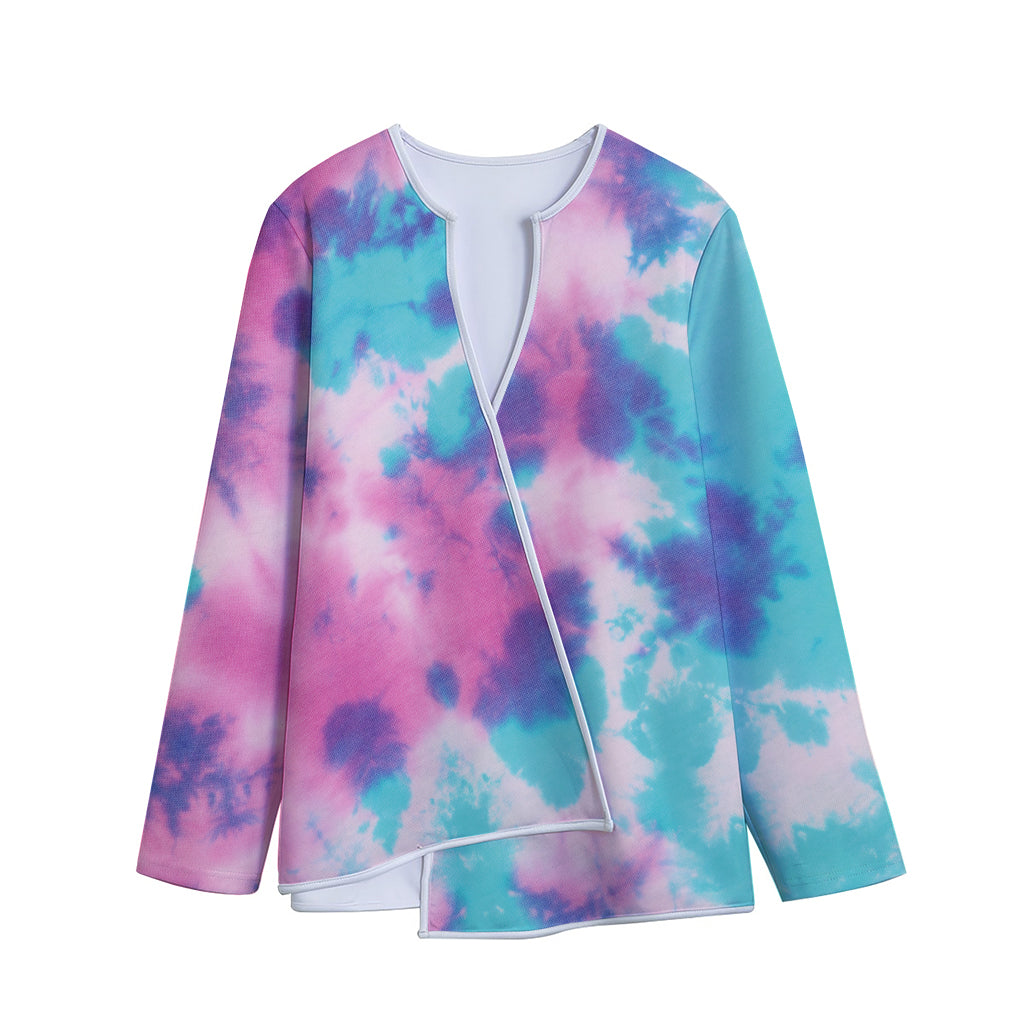 Pink And Teal Tie Dye Print Long Sleeve Short Coat