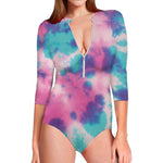 Pink And Teal Tie Dye Print Long Sleeve Swimsuit