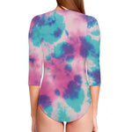 Pink And Teal Tie Dye Print Long Sleeve Swimsuit