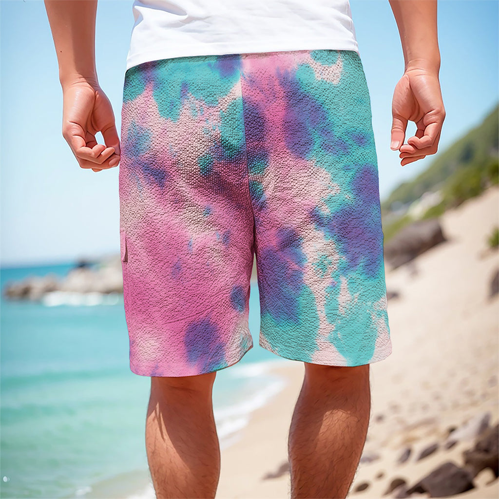 Pink And Teal Tie Dye Print Men's Cargo Shorts