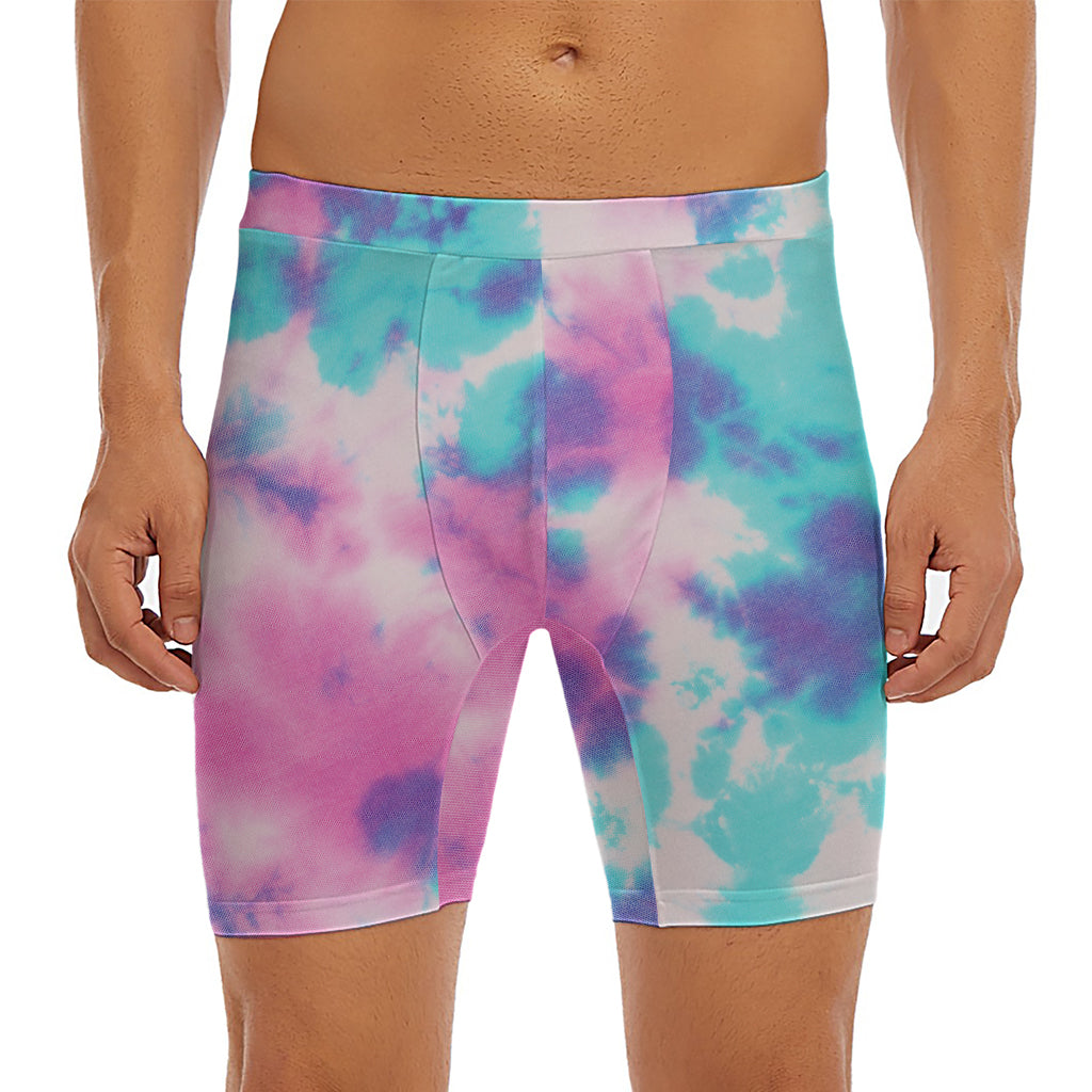 Pink And Teal Tie Dye Print Men's Long Boxer Briefs