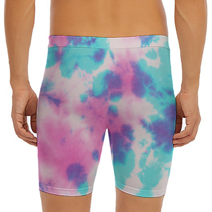 Pink And Teal Tie Dye Print Men's Long Boxer Briefs