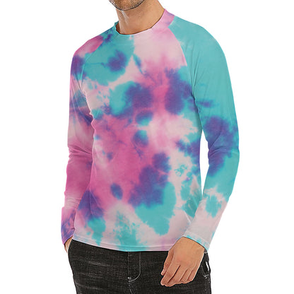 Pink And Teal Tie Dye Print Men's Long Sleeve Rash Guard