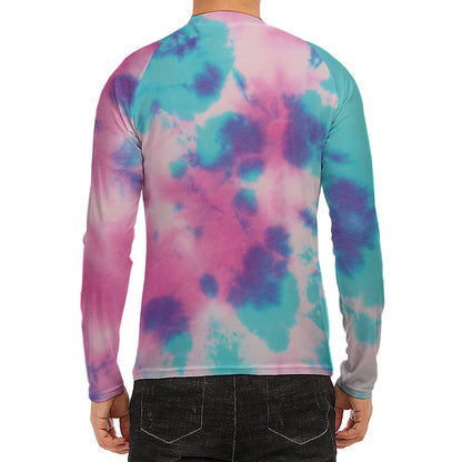 Pink And Teal Tie Dye Print Men's Long Sleeve Rash Guard