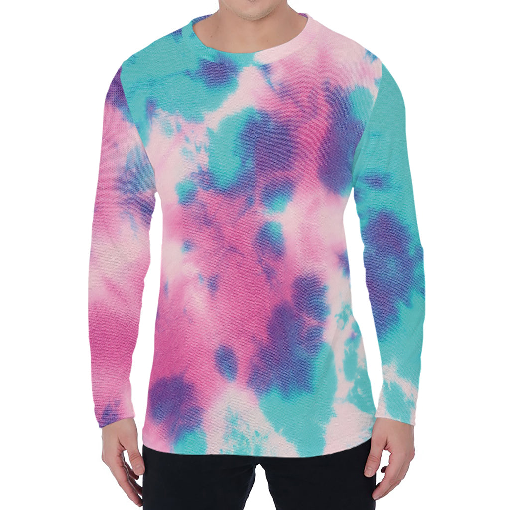 Pink And Teal Tie Dye Print Men's Long Sleeve T-Shirt