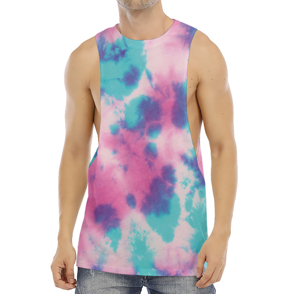 Pink And Teal Tie Dye Print Men's Muscle Tank Top