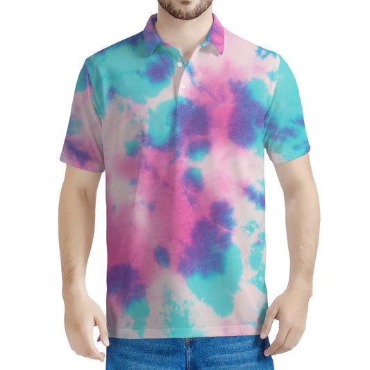Pink And Teal Tie Dye Print Men's Polo Shirt