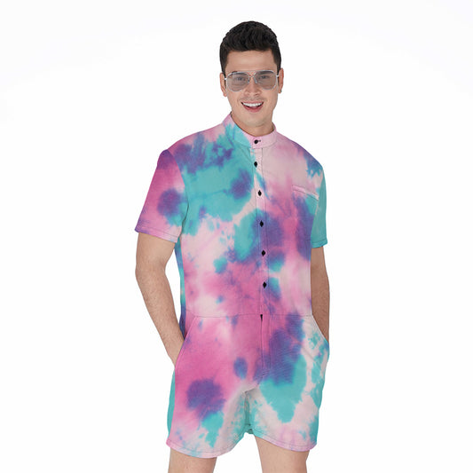 Pink And Teal Tie Dye Print Men's Rompers