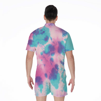 Pink And Teal Tie Dye Print Men's Rompers