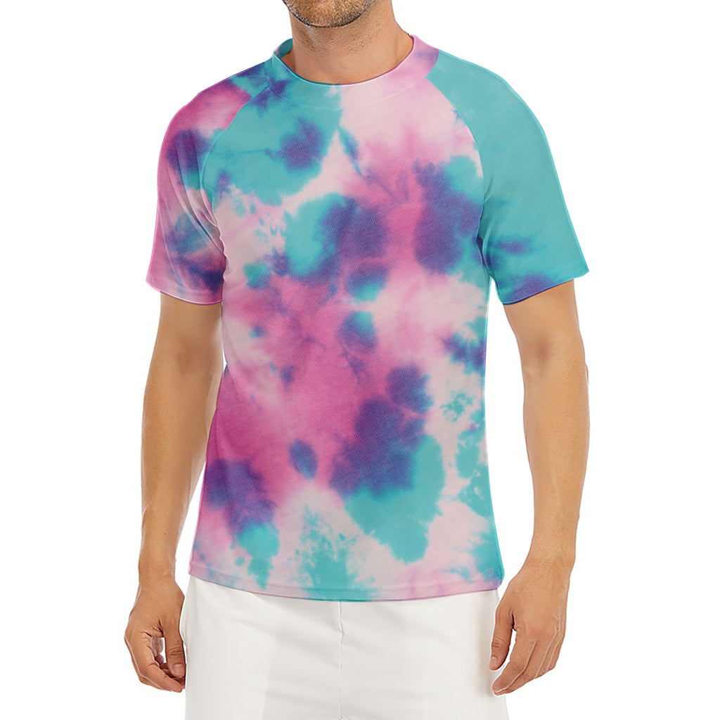 Pink And Teal Tie Dye Print Men's Short Sleeve Rash Guard