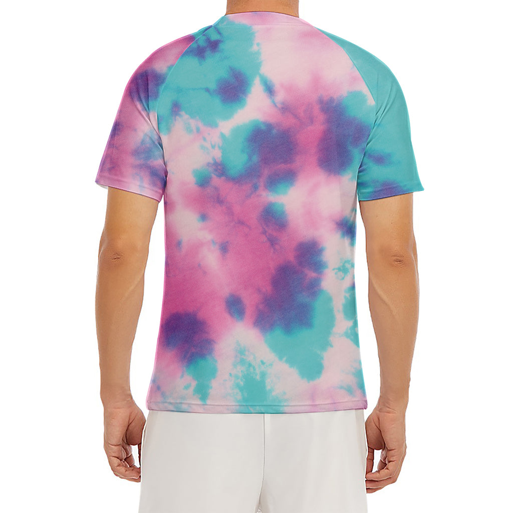 Pink And Teal Tie Dye Print Men's Short Sleeve Rash Guard