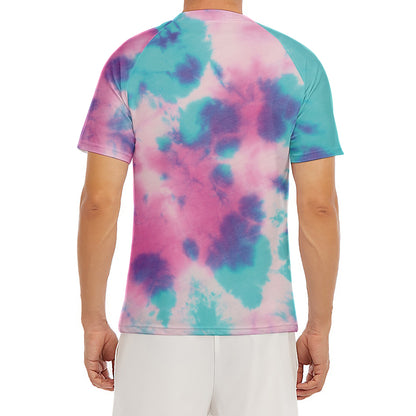 Pink And Teal Tie Dye Print Men's Short Sleeve Rash Guard