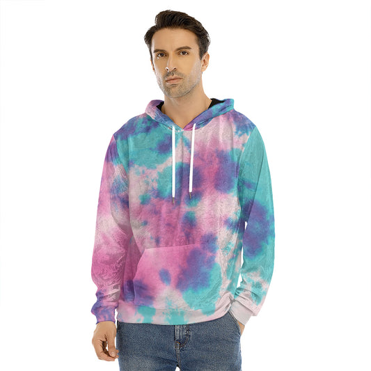 Pink And Teal Tie Dye Print Men's Velvet Pullover Hoodie