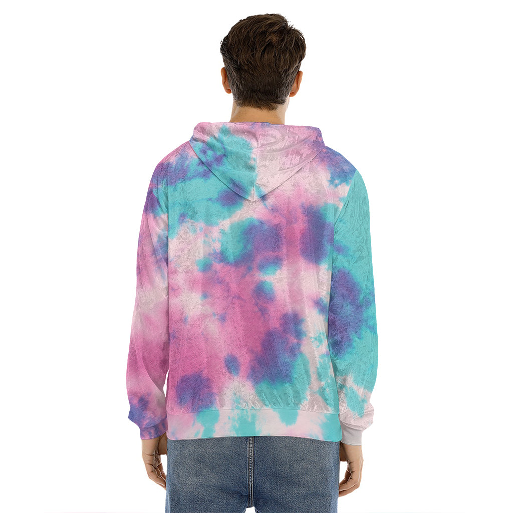 Pink And Teal Tie Dye Print Men's Velvet Pullover Hoodie
