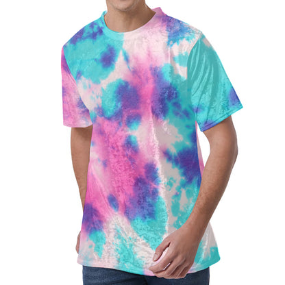 Pink And Teal Tie Dye Print Men's Velvet T-Shirt