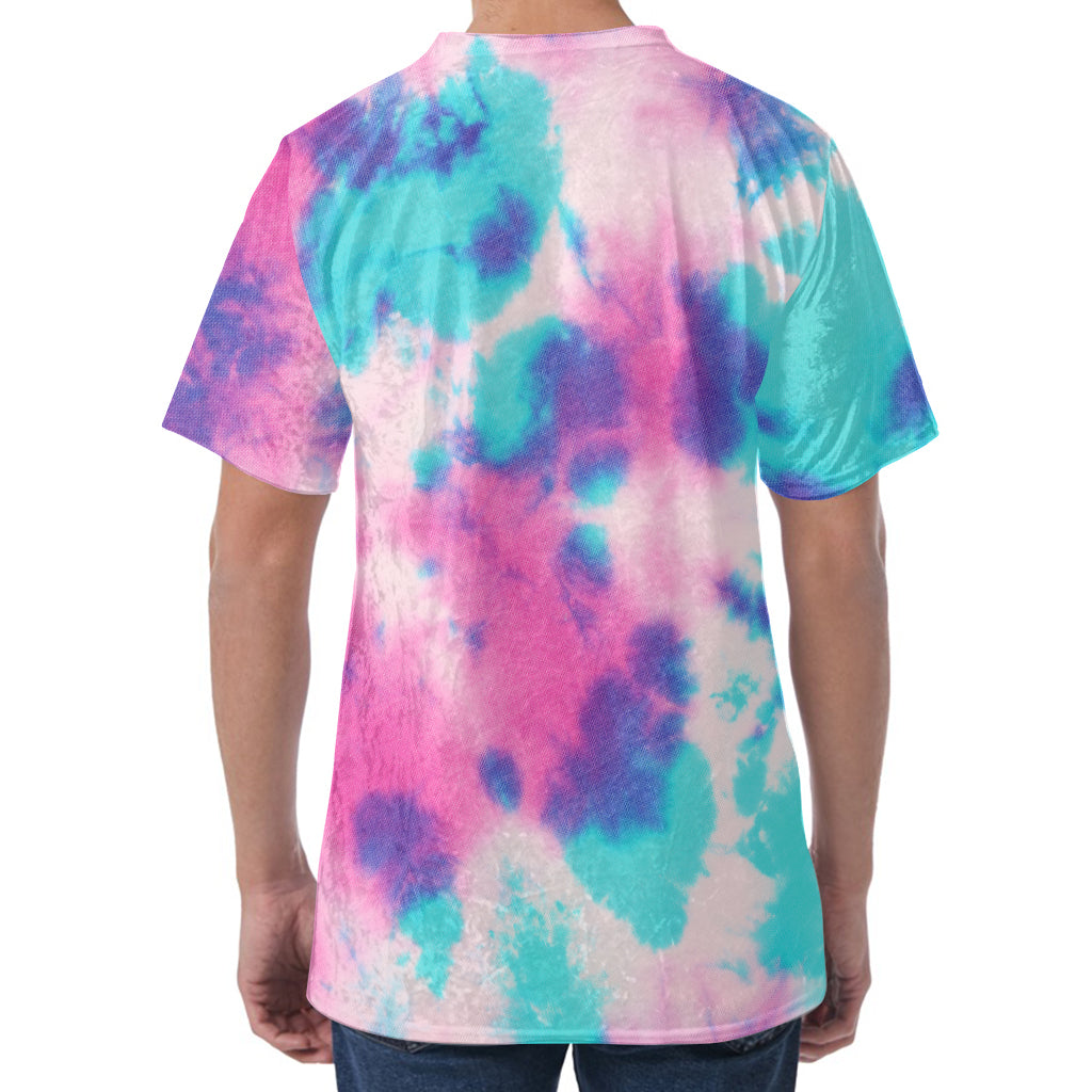 Pink And Teal Tie Dye Print Men's Velvet T-Shirt