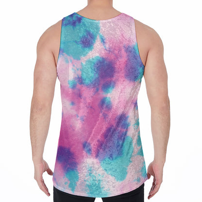Pink And Teal Tie Dye Print Men's Velvet Tank Top