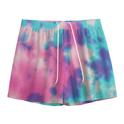 Pink And Teal Tie Dye Print Mesh Shorts