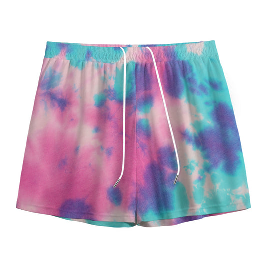 Pink And Teal Tie Dye Print Mesh Shorts