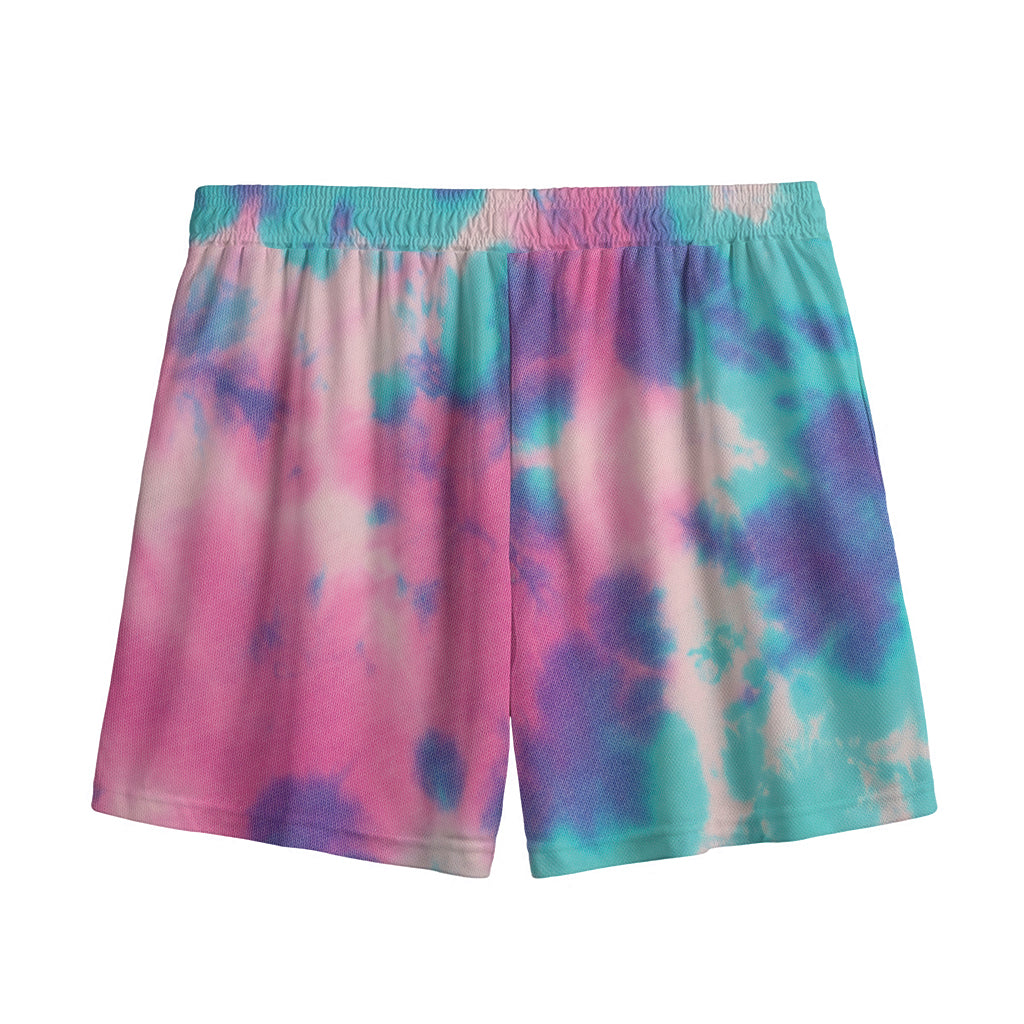 Pink And Teal Tie Dye Print Mesh Shorts