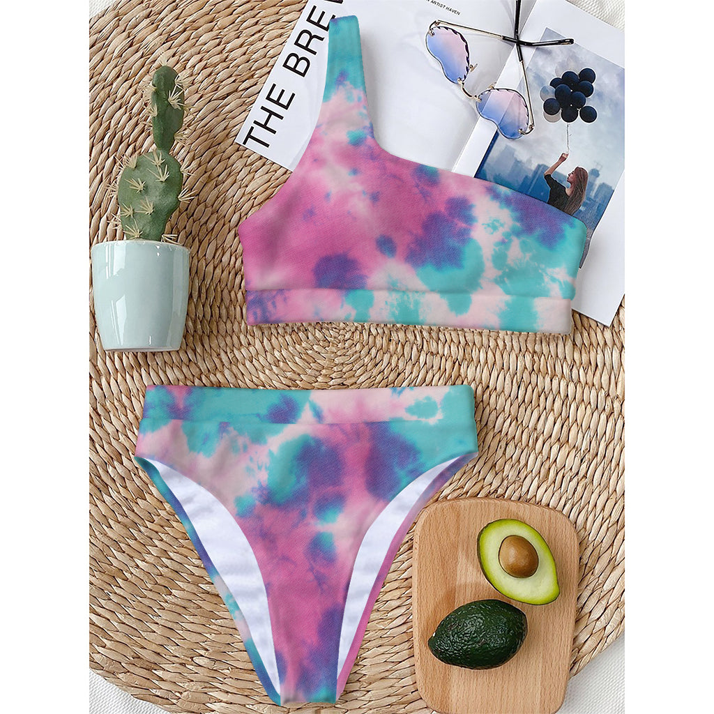 Pink And Teal Tie Dye Print One Shoulder Bikini Top