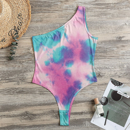 Pink And Teal Tie Dye Print One Shoulder Bodysuit