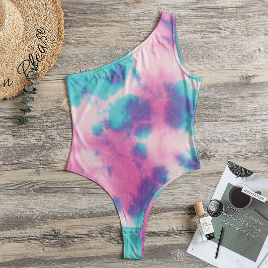 Pink And Teal Tie Dye Print One Shoulder Bodysuit