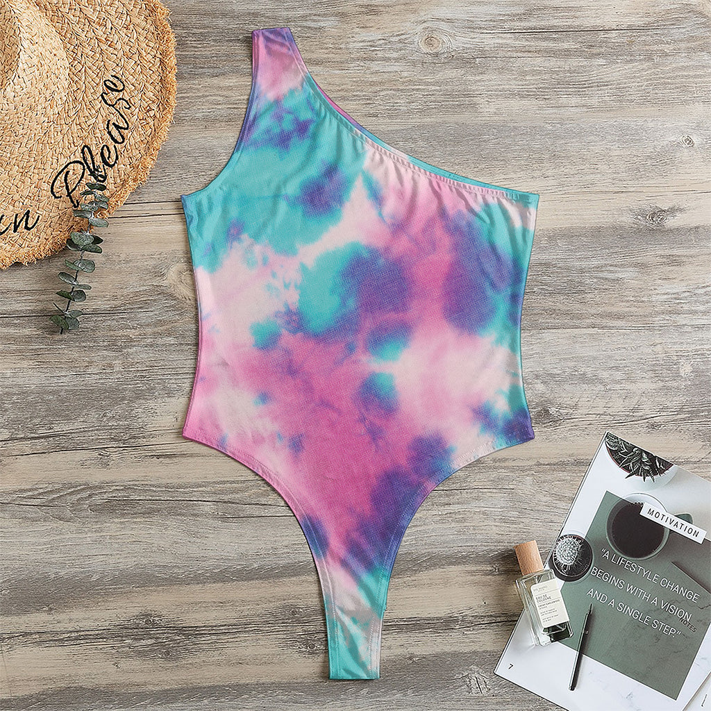 Pink And Teal Tie Dye Print One Shoulder Bodysuit