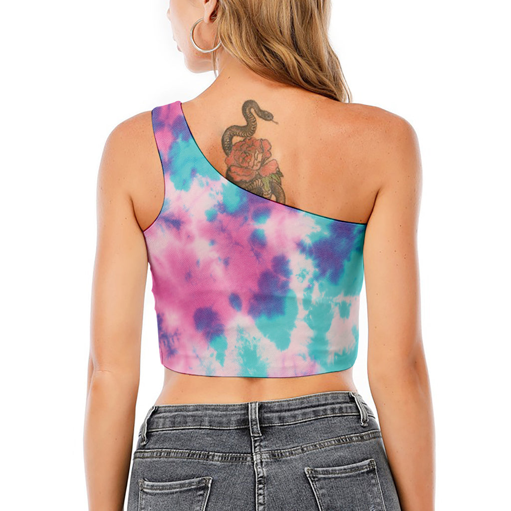 Pink And Teal Tie Dye Print One Shoulder Crop Top