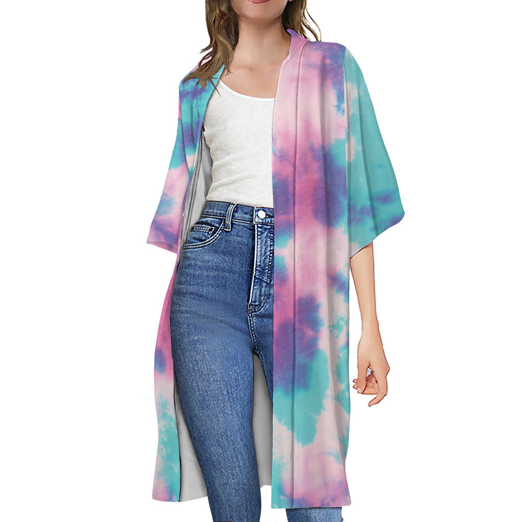 Pink And Teal Tie Dye Print Open Front Beach Cover Up