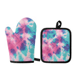 Pink And Teal Tie Dye Print Oven Mitt And Pot Holder Set