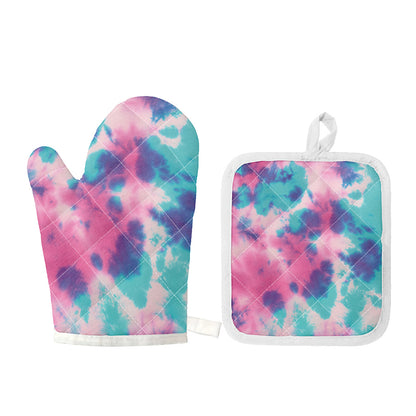 Pink And Teal Tie Dye Print Oven Mitt And Pot Holder Set