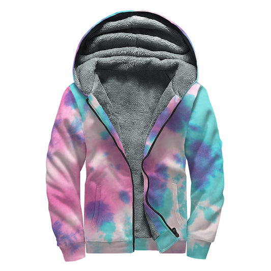 Pink And Teal Tie Dye Print Sherpa Lined Zip Up Hoodie