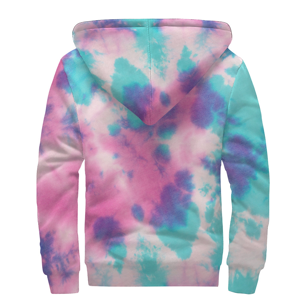 Pink And Teal Tie Dye Print Sherpa Lined Zip Up Hoodie