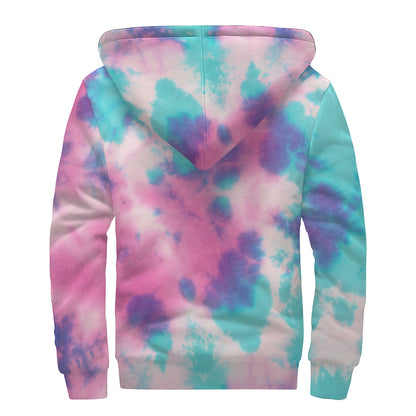 Pink And Teal Tie Dye Print Sherpa Lined Zip Up Hoodie